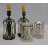 A pair of Victorian gilt brass lustre candlesticks and a pair of cut glass lustres 21cm and 13cm