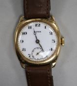 A gentleman's 9ct gold Cyma manual wind wrist watch.