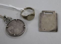 An 18ct white gold ring, a silver William III coin in pendant mount, on chain and a silver fob.