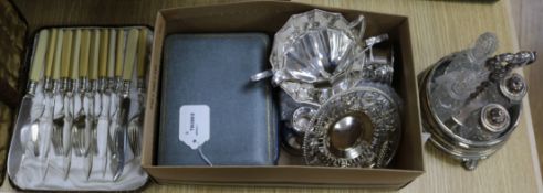 A set of six silver cake forks, cased, a set of six silver coffee spoons and tongs, cased and sundry