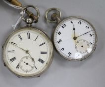 Two silver-cased open face pocket watches, both with subsidiary seconds, one dial a.f., with woven
