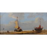 A set of 3 oils on board of beached fishing boats, largest 11 x 22cm