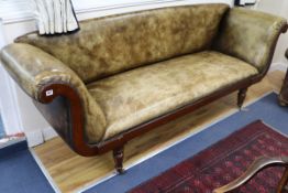 A late Georgian mahogany settee, with green leather upholstery W.240cm
