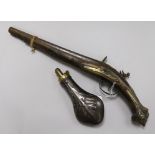 A late 18th century Turkish flintlock pistol and a copper powder flask 48cm. & 20cm.