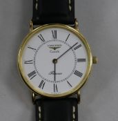 A gentleman's 9ct gold Longines Presence quartz wrist watch.