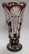 A Bohemian ruby overlaid cut glass vase 32cm