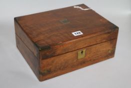 A walnut writing slope, containing a Tunbridge Ware stamp box and sundries, including coins. etc.