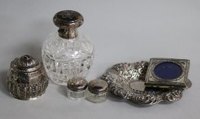 A silver and tortoiseshell lidded scent bottle, Victorian silver lidded jar, pin dish and three