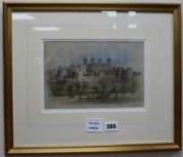 E.D., pencil and watercolour, view of the Tower of London, initialled and dated 1887, 15 x 23cm