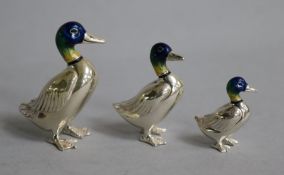 A graduated set of three modern silver and enamel ducks, import marks for Mark Houghton, Ltd,