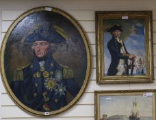 English School, 2 oils on board, Portraits of Nelson and another naval officer, 83 x 68cm and 47 x