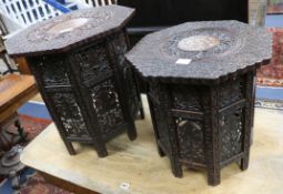 Two Indian inlaid and carved wood tables W.53cm,45cm