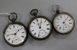 Three assorted silver open faced pocket watches.