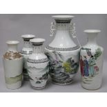 A modern Chinese garniture of three vases decorated with landscapes and two other vases decorated in