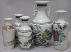 A modern Chinese garniture of three vases decorated with landscapes and two other vases decorated in