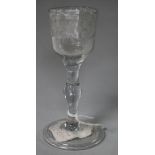 A George III baluster stem cordial glass engraved with fruit 14cm