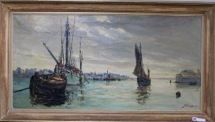 J. Crozes, oil on canvas, fishing boats in harbour, signed and dated '42, 60 x 119cm