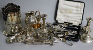 A small collection of silver and plated wares, including silver napkin rings, condiments and dwarf