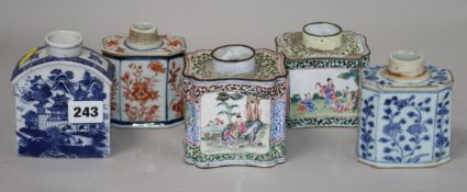 Two Chinese enamel tea caddies and three porcelain caddies largest 11cm