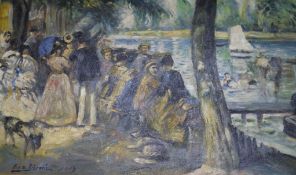 E. Le Sironi, oil on canvas board, figures beside a river, bears signature and dates 1913, 34 x