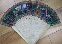 Two 19th century Canton ivory fans; one brise, the other with gouache painted leaf 24cm, 28cm