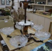 A 1930's French coppered metal and frosted glass five light electrolier drop 57cm