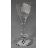 A George III facetted stem cordial glass engraved with a bird H.14cm