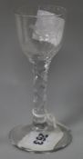 A George III facetted stem cordial glass engraved with a bird H.14cm