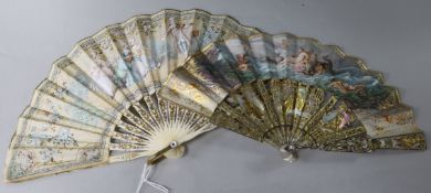 Two 19th century European fans with gouache painted leaves Largest 16cm