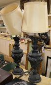 A pair of Edwardian painted spelter ewer table lamps height 60cm