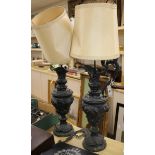 A pair of Edwardian painted spelter ewer table lamps height 60cm