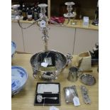 A two-branch plated candelabrum, an embossed plated punch bowl, a hip flask, a miniature portrait