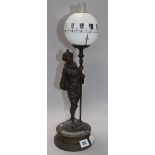 A late 19th century French bronzed spelter timepiece lamp H.45cm.