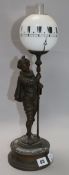 A late 19th century French bronzed spelter timepiece lamp H.45cm.