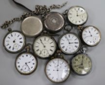 Ten assorted pocket watches including seven silver and a silver albert.