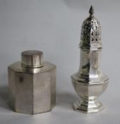 A silver tea caddy and a silver sugar caster.