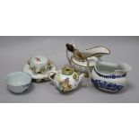 A Meissen floral encrusted cup and saucer, a similar teapot, a Chinese teabowl, two jugs and a scent