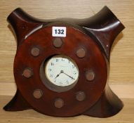 An early 20th century mahogany aeroplane propeller hub timepiece, inset with a Wilson & Gill