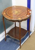 A Louis XV style marquetry inlaid 2 tier table, with gilt metal mounts W.58cm