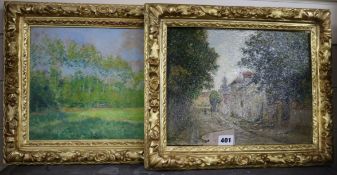 Victor Lecomte (1856-1920), two oils on board, Ormesson Village (Seine-en Oise), signed and