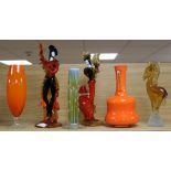 A pair of Venetian glass figures of dancers, 43cm. and four other items of glassware