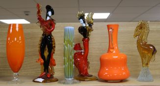 A pair of Venetian glass figures of dancers, 43cm. and four other items of glassware