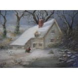 C M, 19th century oil on panel, cottage in a winter landscape, initialled, 14 x 19cm