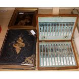 A cased set of plated dessert eaters, a crystoleum and a Victorian family bible