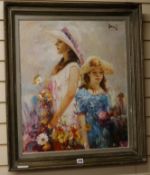 Alan Crisp, oil on canvas laid on board, portrait of two women and flowers, signed, 64 x 53cm