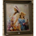 Alan Crisp, oil on canvas laid on board, portrait of two women and flowers, signed, 64 x 53cm