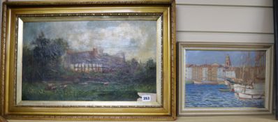 M. la B* (19/20C Continental), oil on board, boats in a harbour and an oil on canvas, landscape with