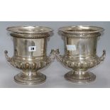 A pair of silver plated wine coolers, height 25cm