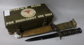 A US WW2 commando knife and a WW2 jeep medical box