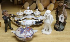 A Continental porcelain inkstand, a Royal Worcester figure, a Spode bowl and cover and two